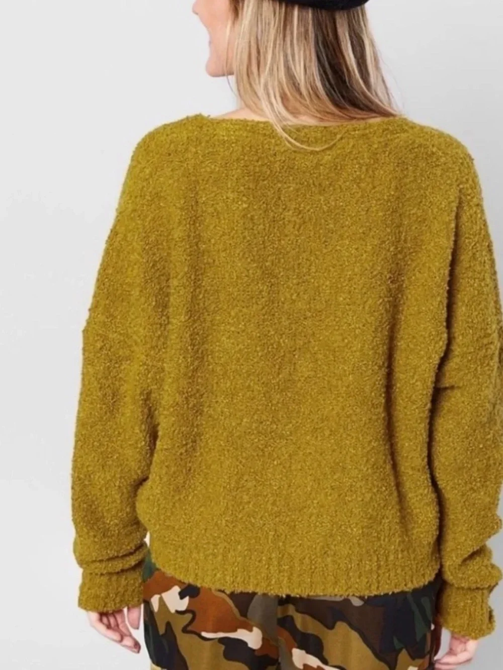 Free People Finders Keepers Bouclé V-Neck Sweater in Athena moss green